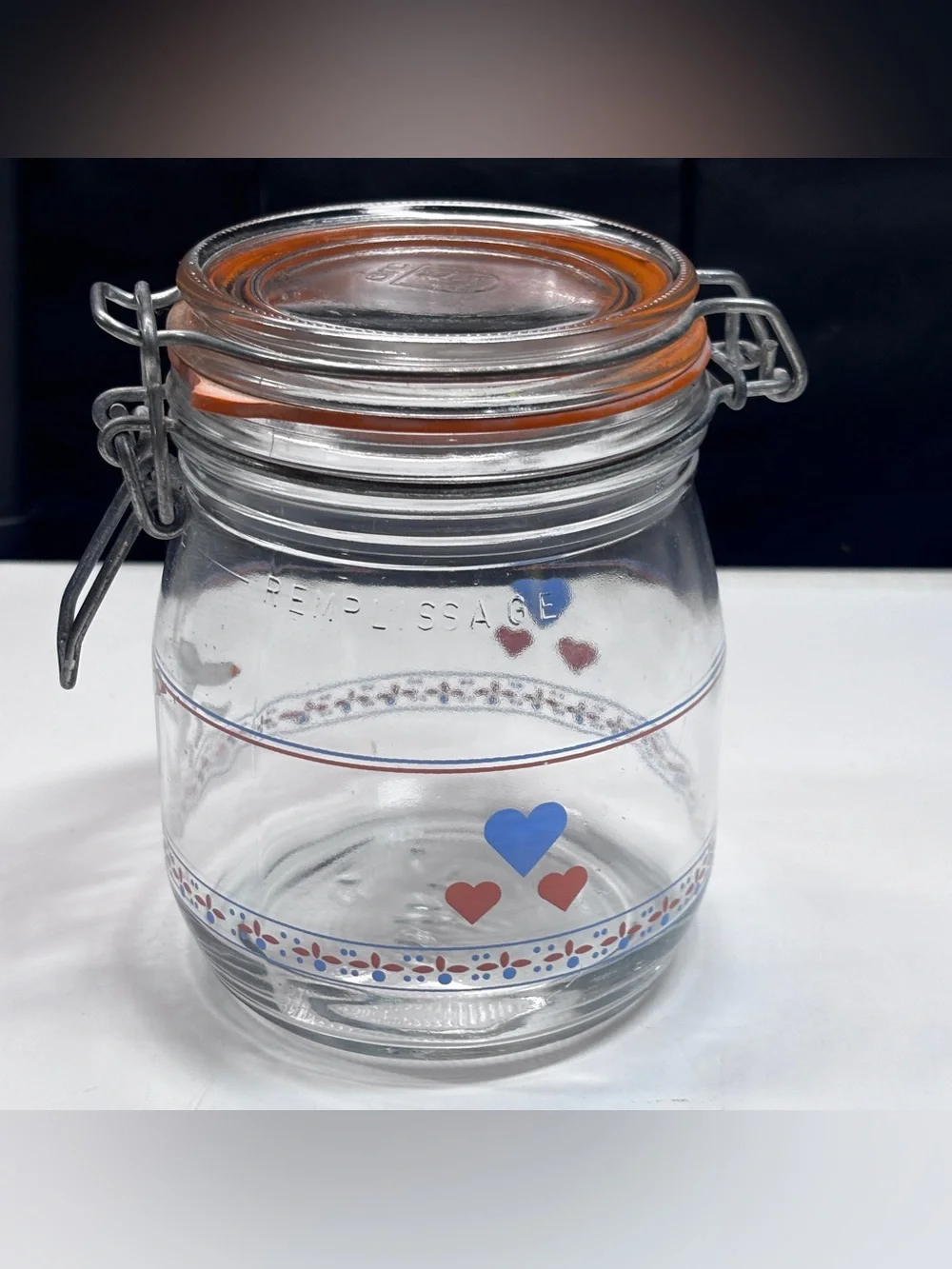Vintage ARC France Glass Hinged Canister 3/4L Geese & Hearts 80s Country Pastel